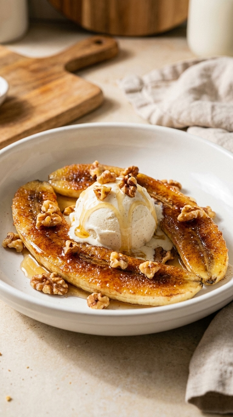 Caramelized air fryer bananas topped with vanilla ice cream and honey in a white bowl.