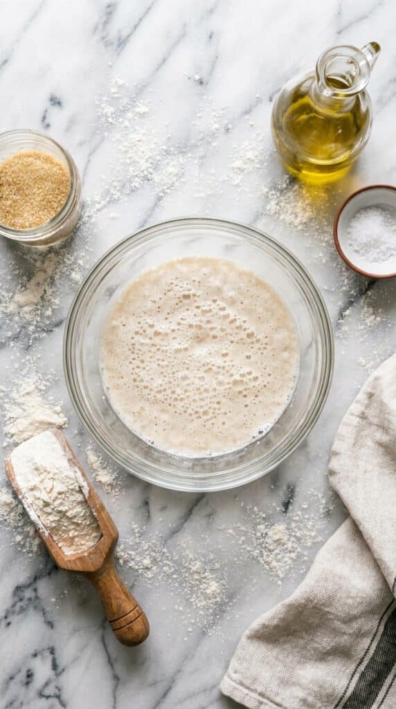 Ingredients for homemade bread including a bowl of foamy yeast, flour, sugar, and oil on a floured marble surface.