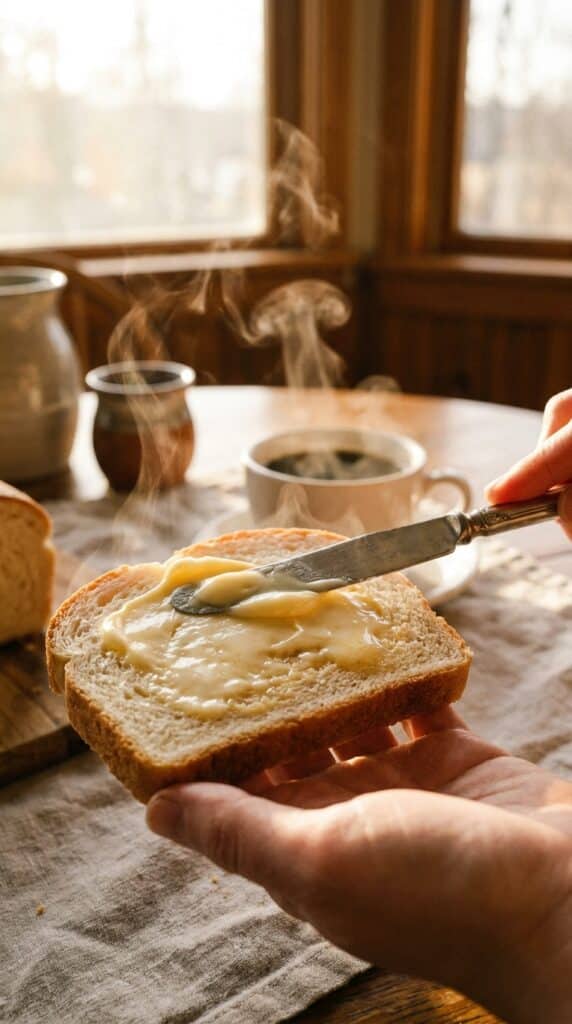 A close-up of butter being spread on a thick, warm slice of homemade white bread with steam rising.