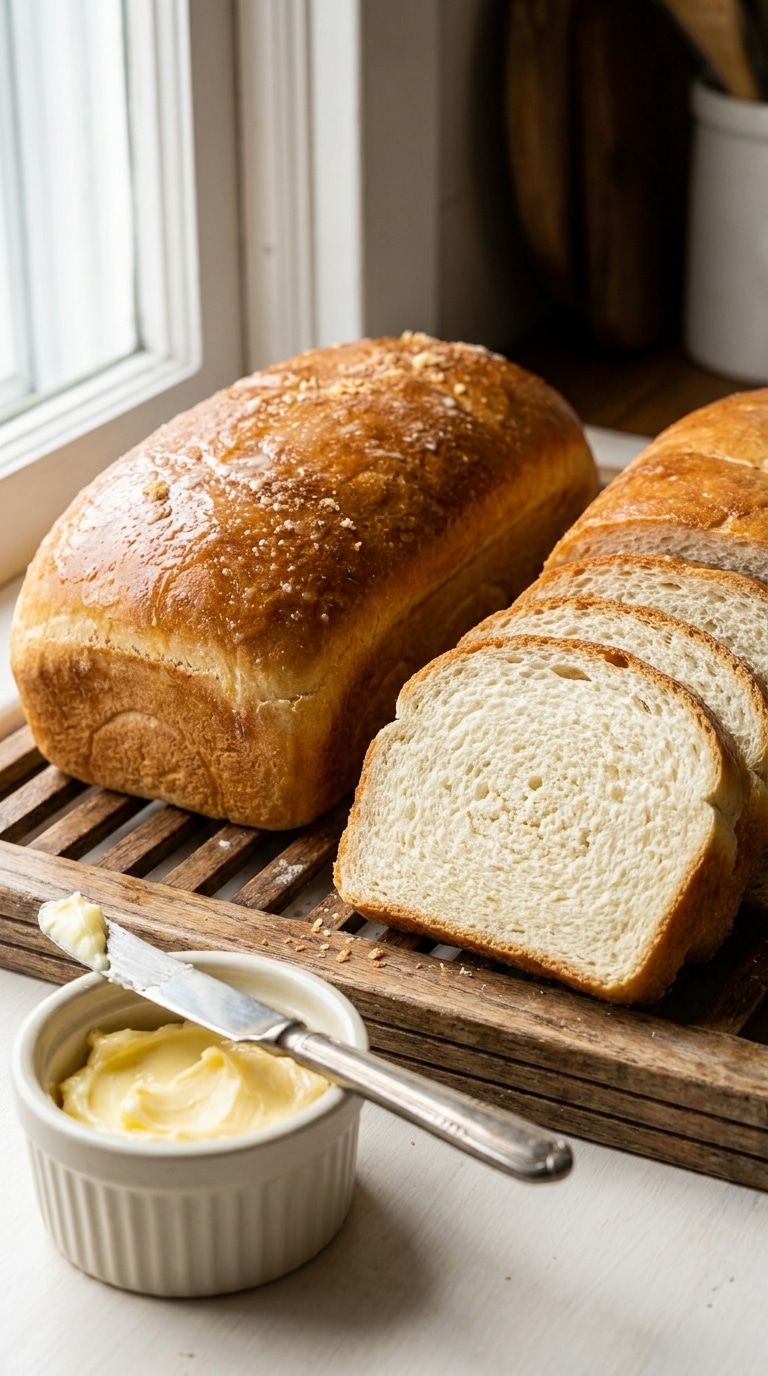 Two golden-brown loaves of homemade Amish white bread, one sliced to show the soft white interior, on a rustic wooden table.