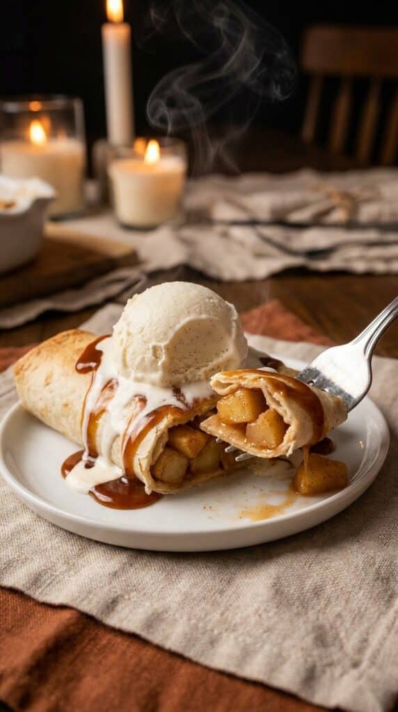 A close-up of a caramel-glazed apple enchilada topped with a melting scoop of vanilla ice cream.