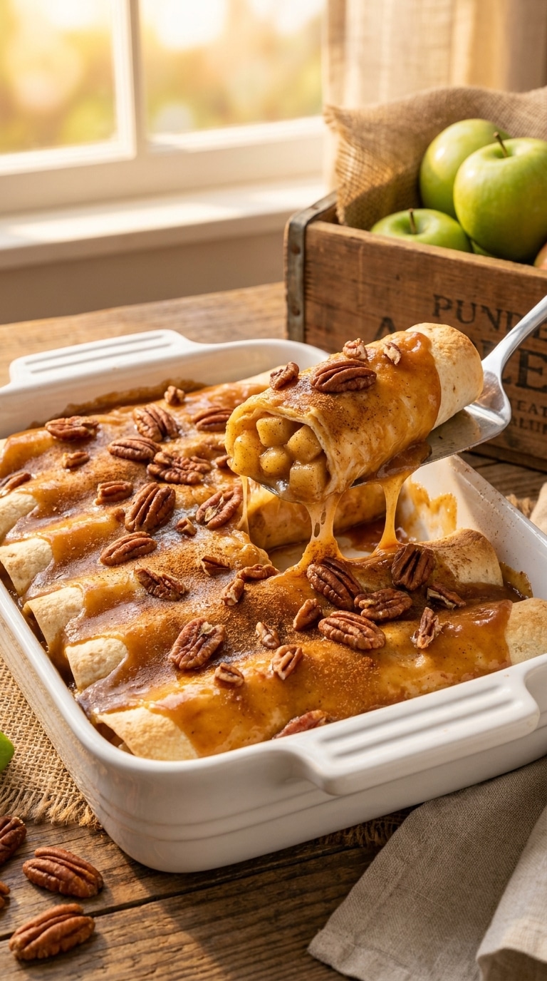 A white baking dish filled with golden-brown apple pie enchiladas glazed in a bubbling caramel sauce.