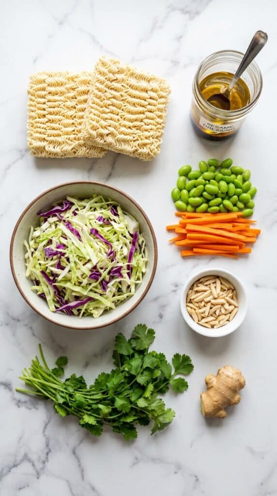 A flat lay of dry ramen noodles, coleslaw mix, edamame, carrots, almonds, and sesame dressing ingredients on a marble counter.