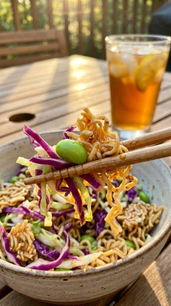 A close-up of chopsticks lifting a portion of crunchy ramen salad, showing the glossy dressing and various vegetables.