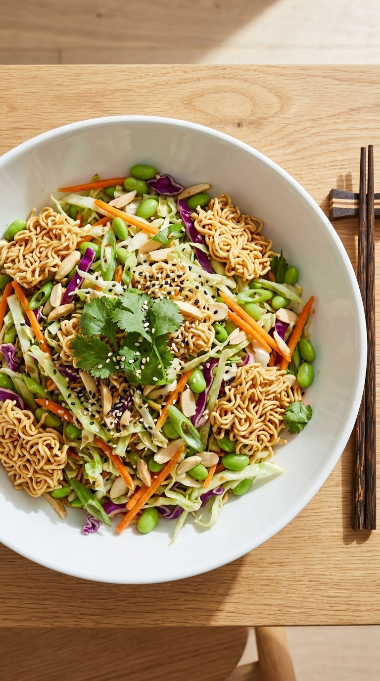 A large bowl of colorful Asian ramen salad with shredded cabbage, carrots, edamame, and toasted ramen noodles.
