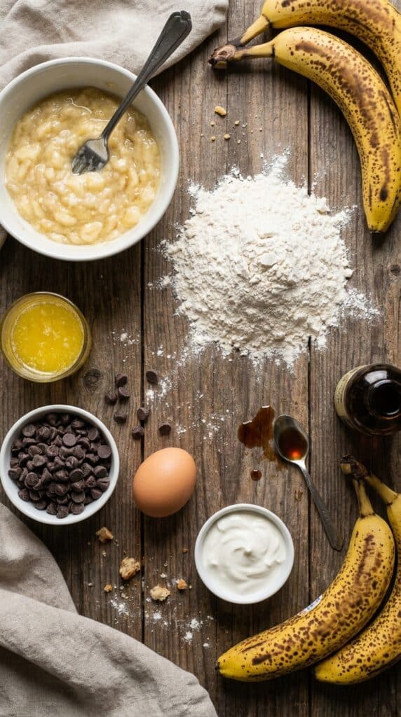 An overhead shot of muffin ingredients: mashed bananas, flour, chocolate chips, melted butter, and sour cream on wood.