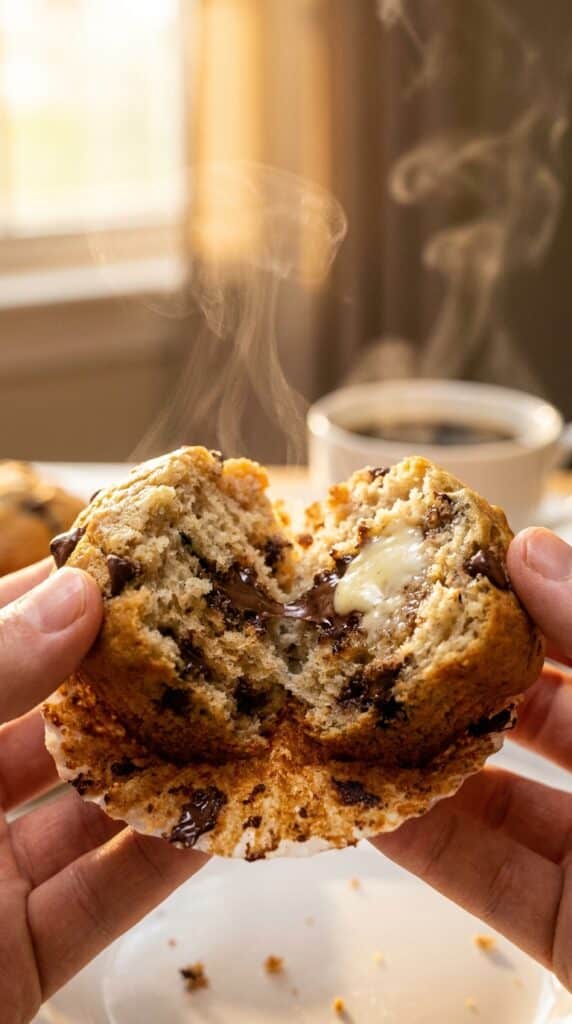 A close-up of a warm banana muffin being pulled apart, showing a moist interior and melted chocolate chips.
