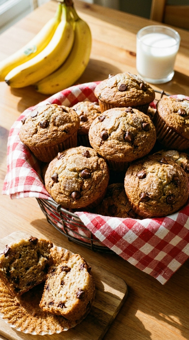 A basket of golden-brown banana chocolate chip muffins with high tops and melty chocolate chips.