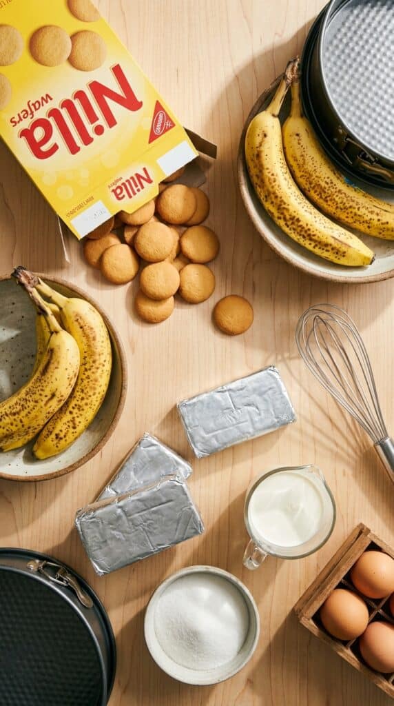 A flat lay of cheesecake ingredients including vanilla wafers, ripe bananas, cream cheese, heavy cream, and eggs on a wooden surface.