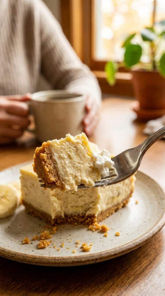 A close-up of a fork taking a bite of a creamy banana cheesecake square, showing the buttery wafer crust and smooth filling.