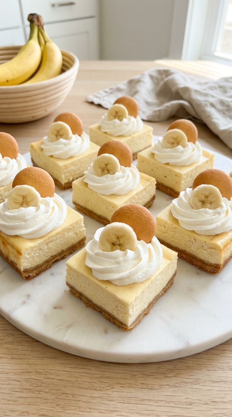 A platter of multi-layered banana pudding cheesecake squares topped with whipped cream, fresh banana slices, and vanilla wafer cookies.