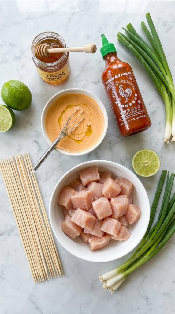 A flat lay of raw chicken, creamy chili sauce, sriracha, honey, and limes arranged on a kitchen counter.