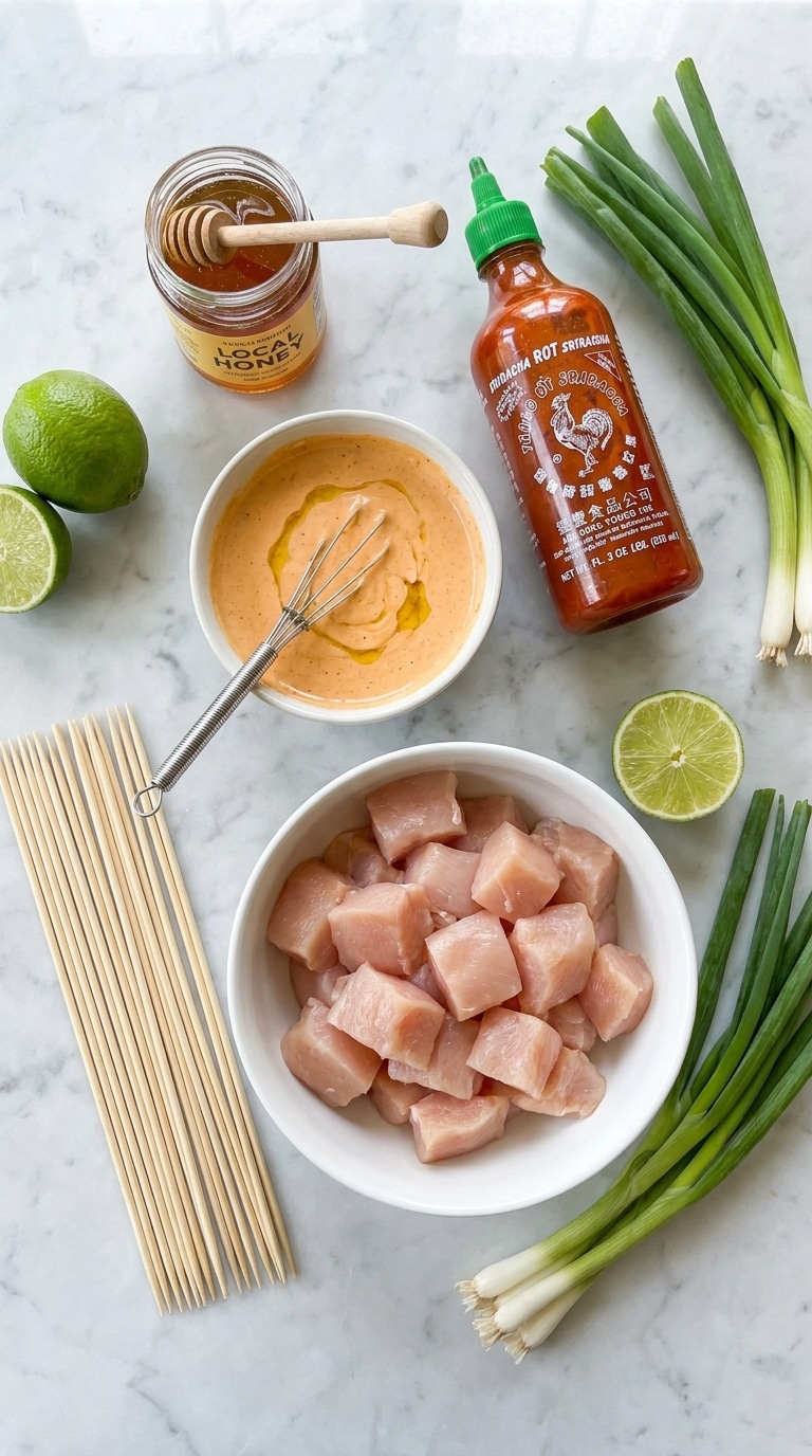 A flat lay of raw chicken, creamy chili sauce, sriracha, honey, and limes arranged on a kitchen counter.