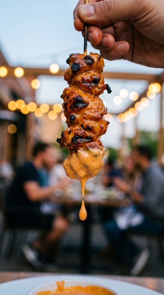 A close-up shot of a hand holding a grilled chicken skewer with sauce dripping off the edge.