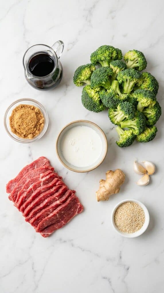 A flat lay of sliced raw beef, broccoli, soy sauce, ginger, garlic, and brown sugar on a marble counter.