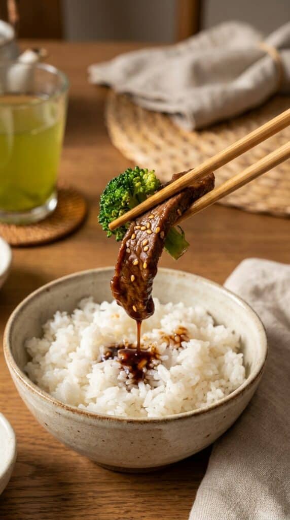 A close-up of chopsticks lifting a glossy piece of beef and broccoli over a steaming bowl of rice.