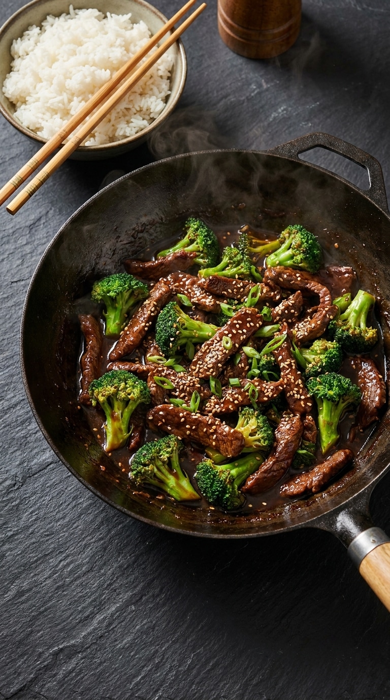 A glossy stir-fry of tender beef strips and bright green broccoli florets in a dark savory sauce.