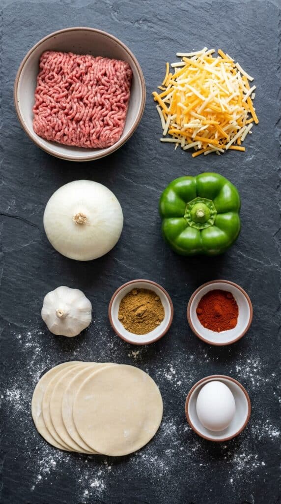 A flat lay showing ground beef, shredded cheese, onion, green pepper, spices, and pastry discs on a dark counter.