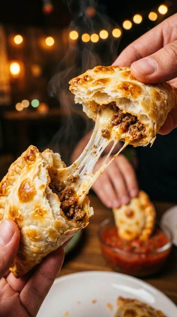 A close-up of a hand pulling apart an empanada to reveal a long cheese pull and juicy beef filling.
