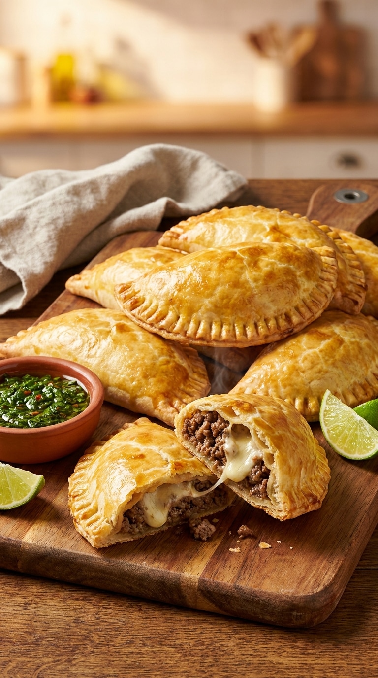 A wooden board filled with golden-brown empanadas, one sliced open to show seasoned beef and melted cheese, served with green sauce.