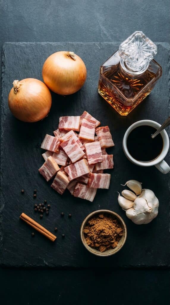 A flat lay of raw bacon, onions, bourbon, coffee, and brown sugar on a dark stone background.