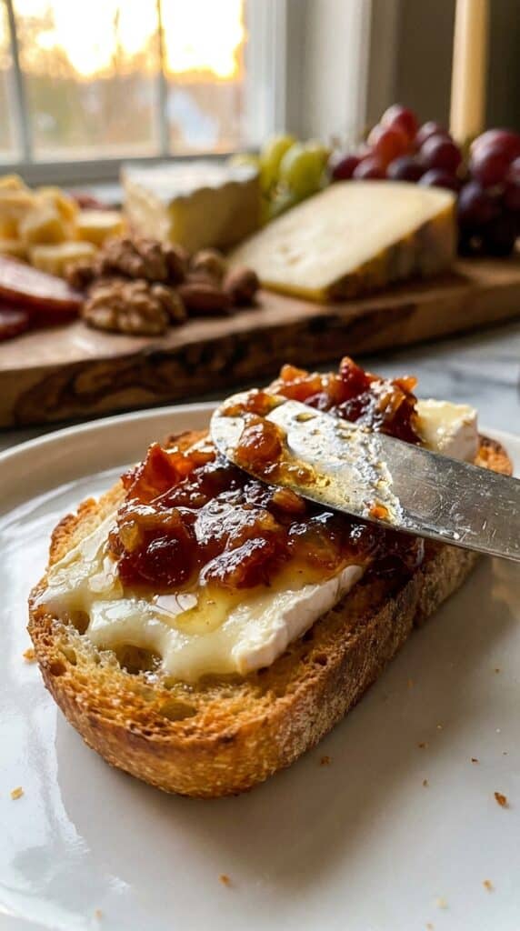 A close-up of bacon jam being spread onto a piece of toasted bread with melted brie cheese.