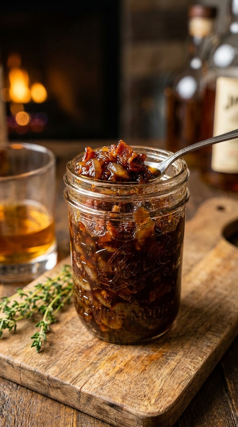 A glass jar filled with chunky, dark amber bacon jam made with bourbon and caramelized onions.