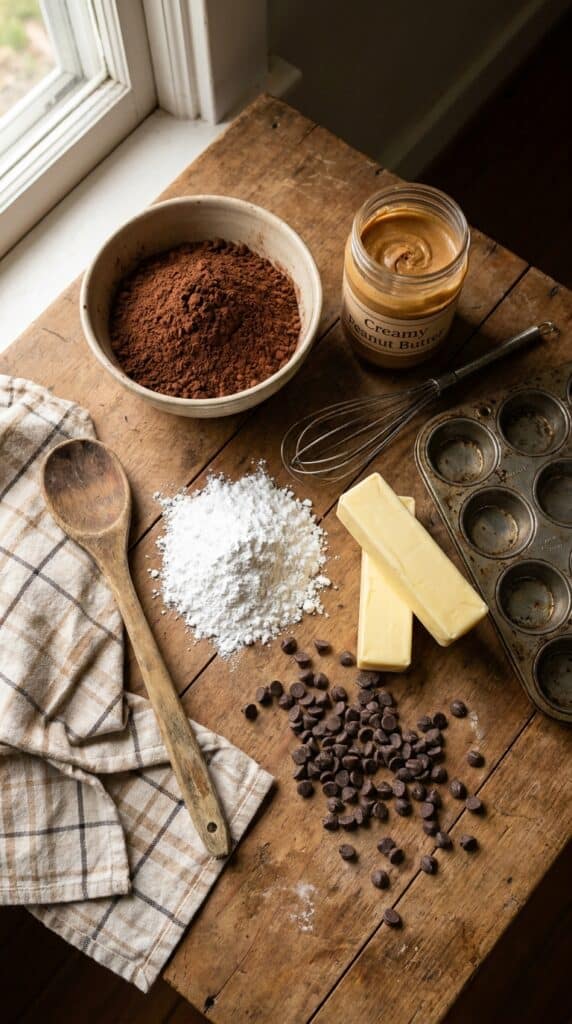 An organized layout of cocoa powder, peanut butter, eggs, and chocolate chips on a wooden table.
