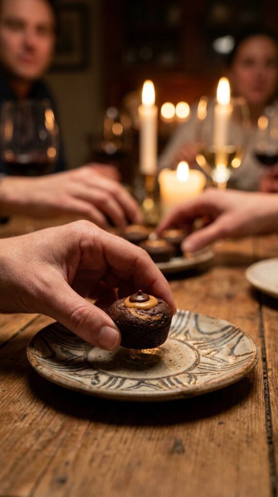A hand holding a small chocolate peanut butter brownie bite over a plate at a party.
