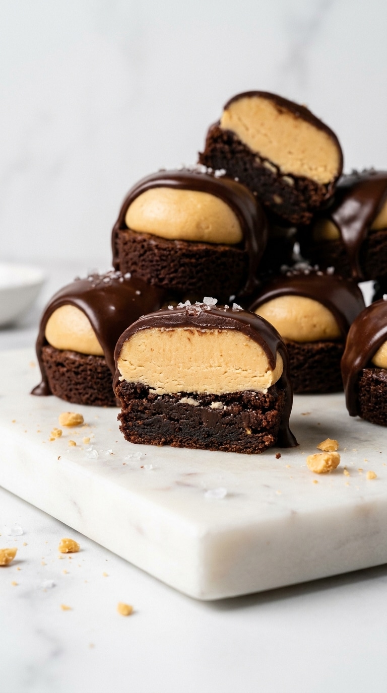 A close-up of mini brownie bites topped with a smooth peanut butter filling and a shiny chocolate drizzle on marble.