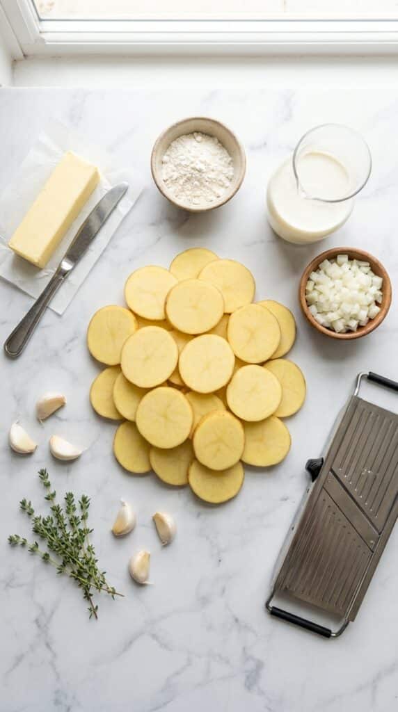 A flat lay of sliced potatoes, cream, butter, garlic, onions, and thyme on a marble surface.