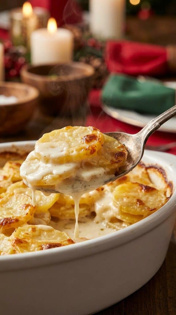 A close-up of a spoon lifting a serving of layered scalloped potatoes, showing the creamy sauce and steam.