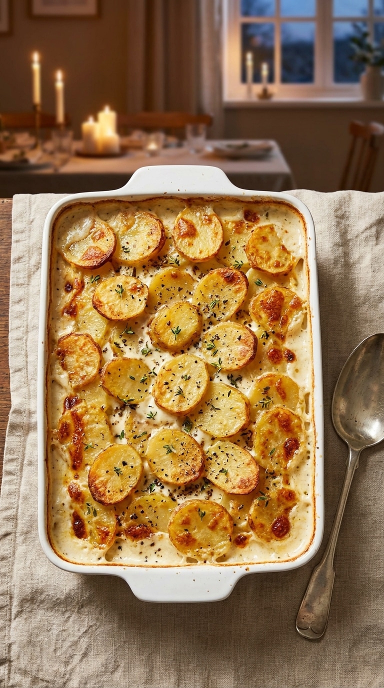 A golden-brown dish of scalloped potatoes in a white casserole dish, garnished with fresh thyme.