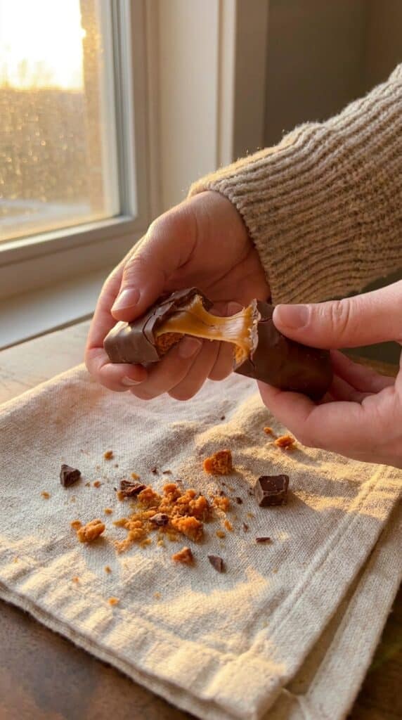Close-up of hands breaking a chocolate caramel bar, showing a stretchy caramel center and crunchy peanut butter candy topping.
