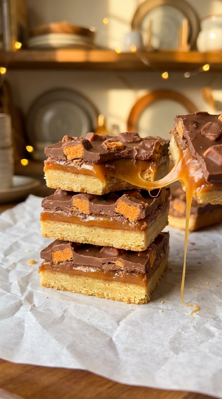 A stack of dessert bars with a shortbread crust, caramel center, and chocolate topping covered in crushed Butterfinger pieces.