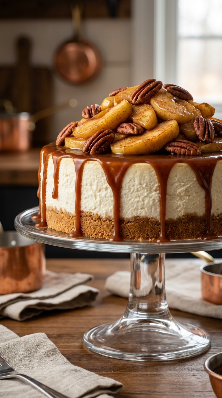 A tall sliced cheesecake topped with cinnamon apples and dripping salted caramel on a glass serving stand.