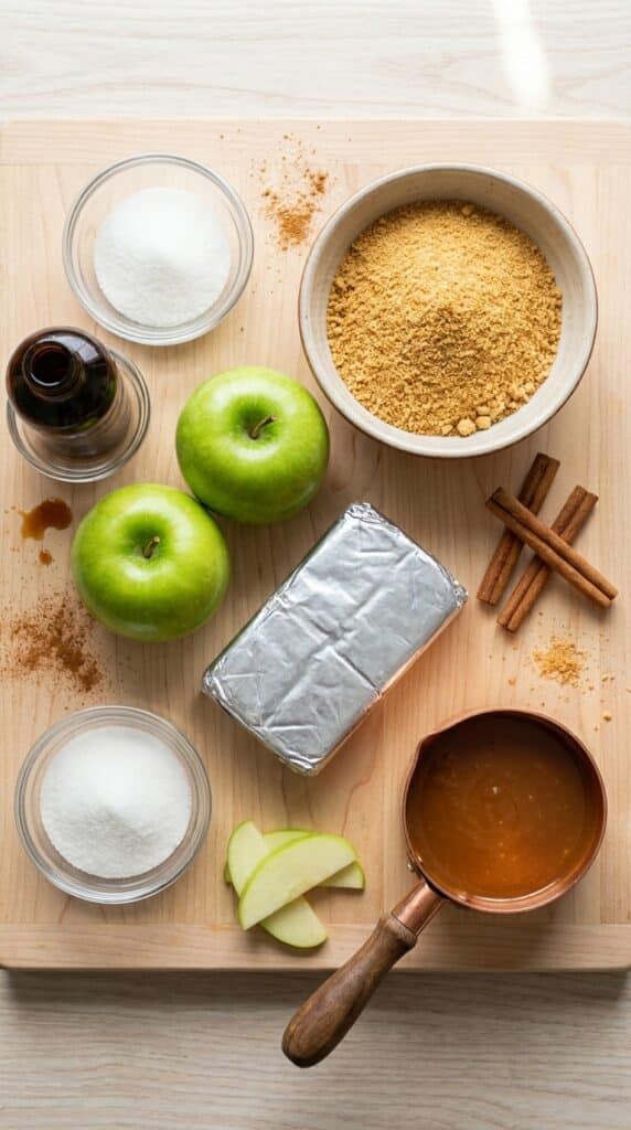 An organized layout of green apples, cream cheese, graham cracker crumbs, and caramel sauce on a wooden background.