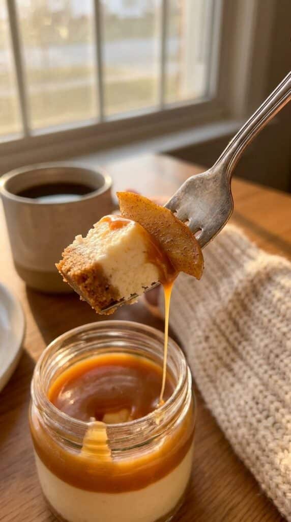 A close-up of a fork taking a bite out of a layered caramel apple cheesecake cup, revealing the creamy interior.