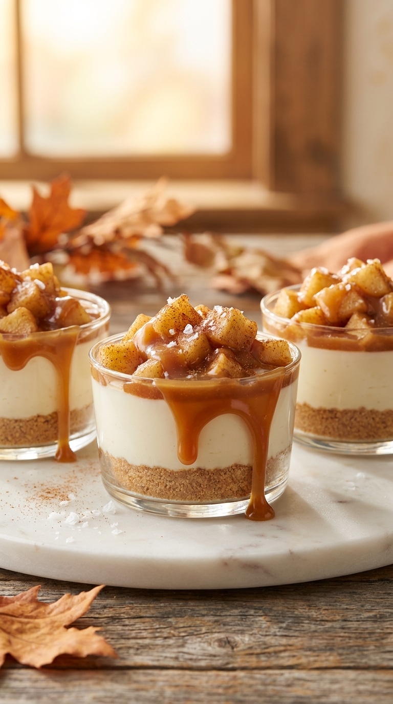 Three individual cheesecake cups topped with spiced apples and dripping caramel sauce on a marble tray.