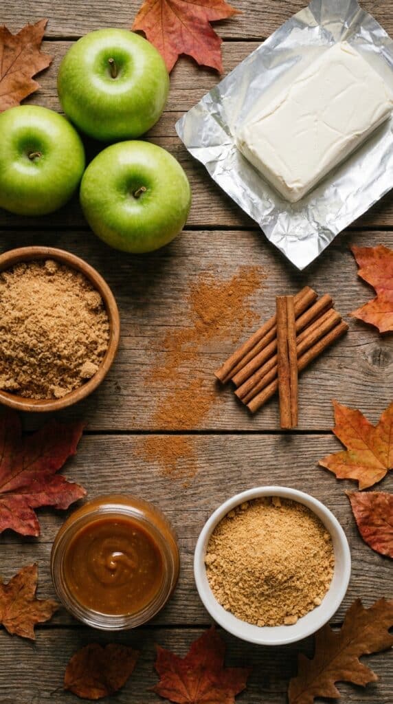 An organized flat lay of green apples, cream cheese, caramel sauce, and spices on a rustic wooden table.