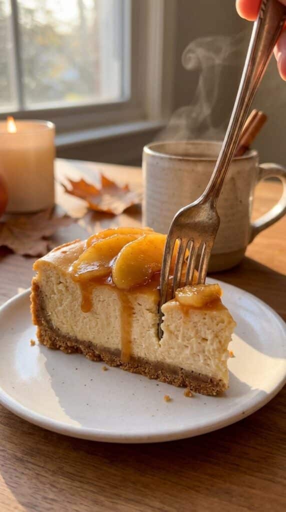 A close-up of a slice of apple cheesecake with a fork, showing the creamy texture and cinnamon apple topping.