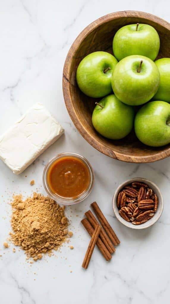 A marble surface with green apples, cream cheese, caramel sauce, and graham cracker crumbs neatly arranged.