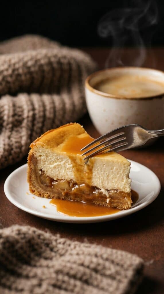 A close-up side view of a cheesecake slice with visible layers of crust, cream, and apples, with a fork taking a bite.