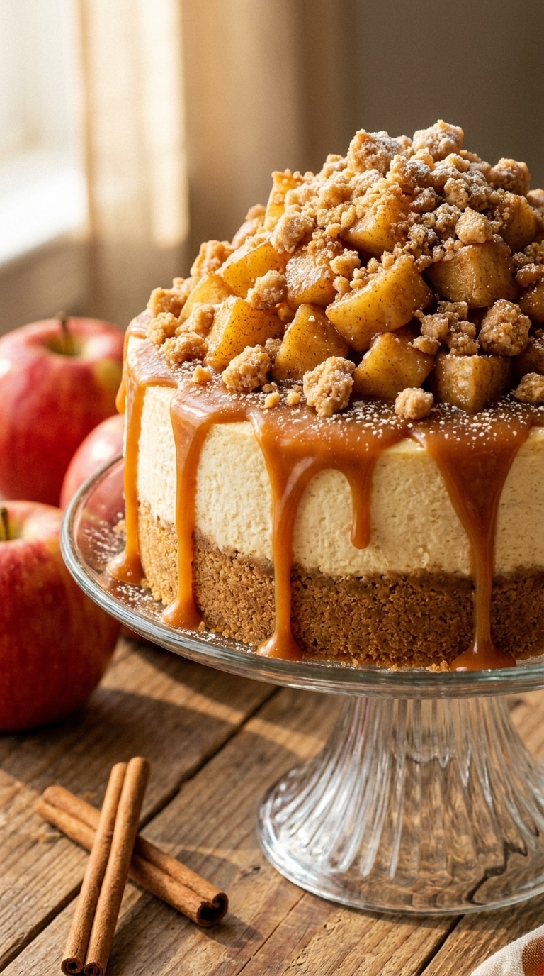 A tall caramel apple cheesecake topped with spiced apples, streusel, and dripping caramel sauce on a wooden table.