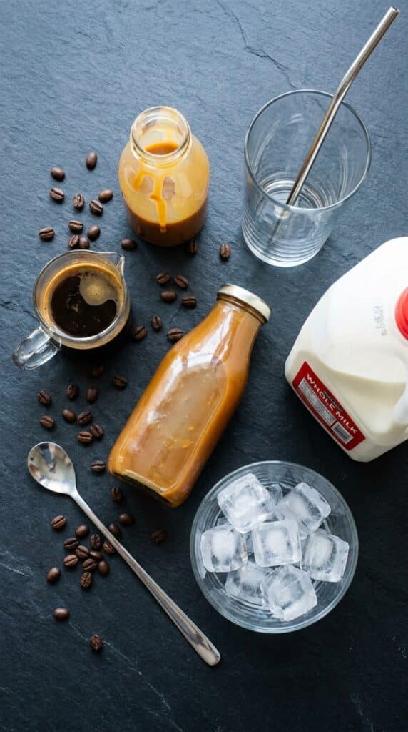 Flat lay arrangement of espresso, caramel sauce, milk, and ice on a dark counter for making a blended coffee drink.