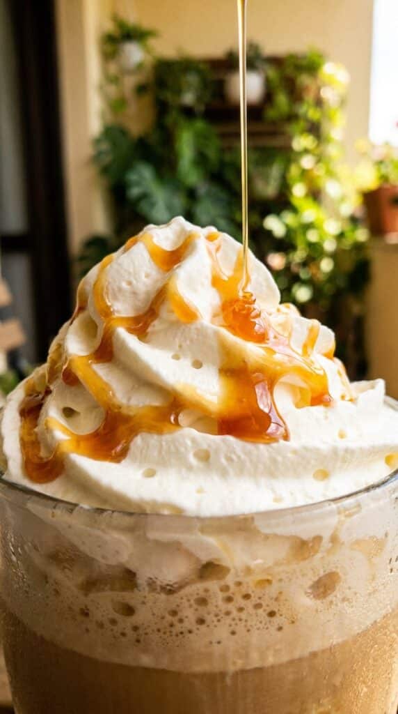 Extreme close-up of caramel sauce being poured onto a swirl of whipped cream on an iced coffee drink.