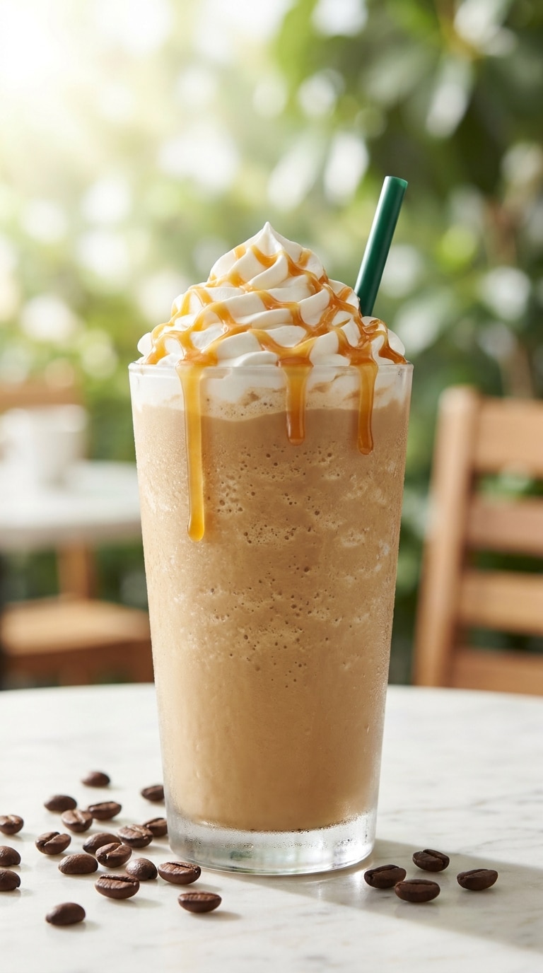 A tall glass of blended caramel coffee topped with a thick swirl of whipped cream and golden caramel drizzle.