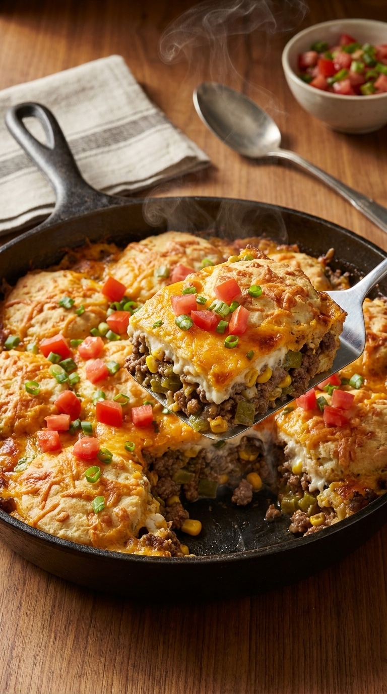 A golden-brown beef and biscuit casserole topped with melted cheddar cheese and green onions in a black skillet.