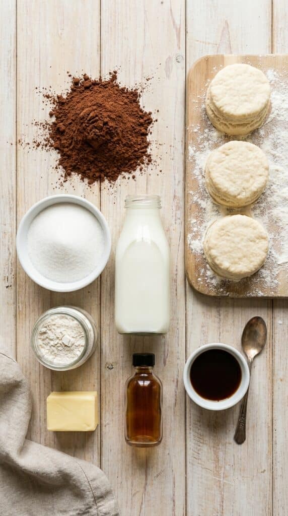 A flat lay showing cocoa powder, sugar, milk, flour, butter, and raw biscuits on a wooden board.