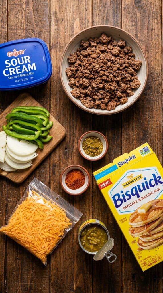 Ingredients for beef casserole including ground beef, shredded cheese, sour cream, and biscuit mix arranged on wood.
